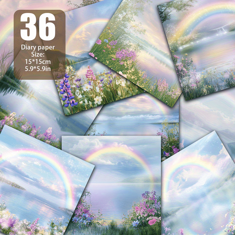 Image of Lake Scenery Paper, A Rainbow Arches Over A Clear Lake Surrounded By Gentle Wildflowers, A And Magical Tale Atmosphere. Suitable For Junk Journal, Craft Paper, Material Paper, Card Making