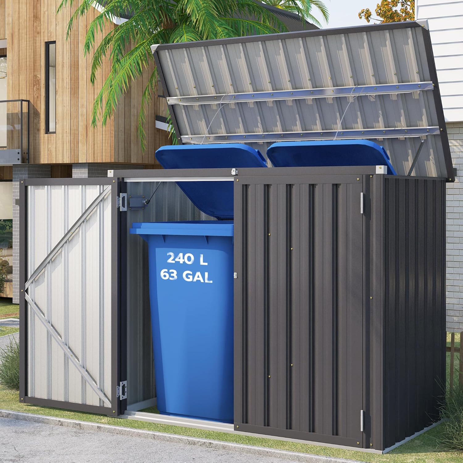 Image of Lockable Garden Storage Cabinet, Storage Box, Outdoor Tool Shed Dimensions: 150.6 X 80 X 117.6cm Capacity: 1300 Deep Gray