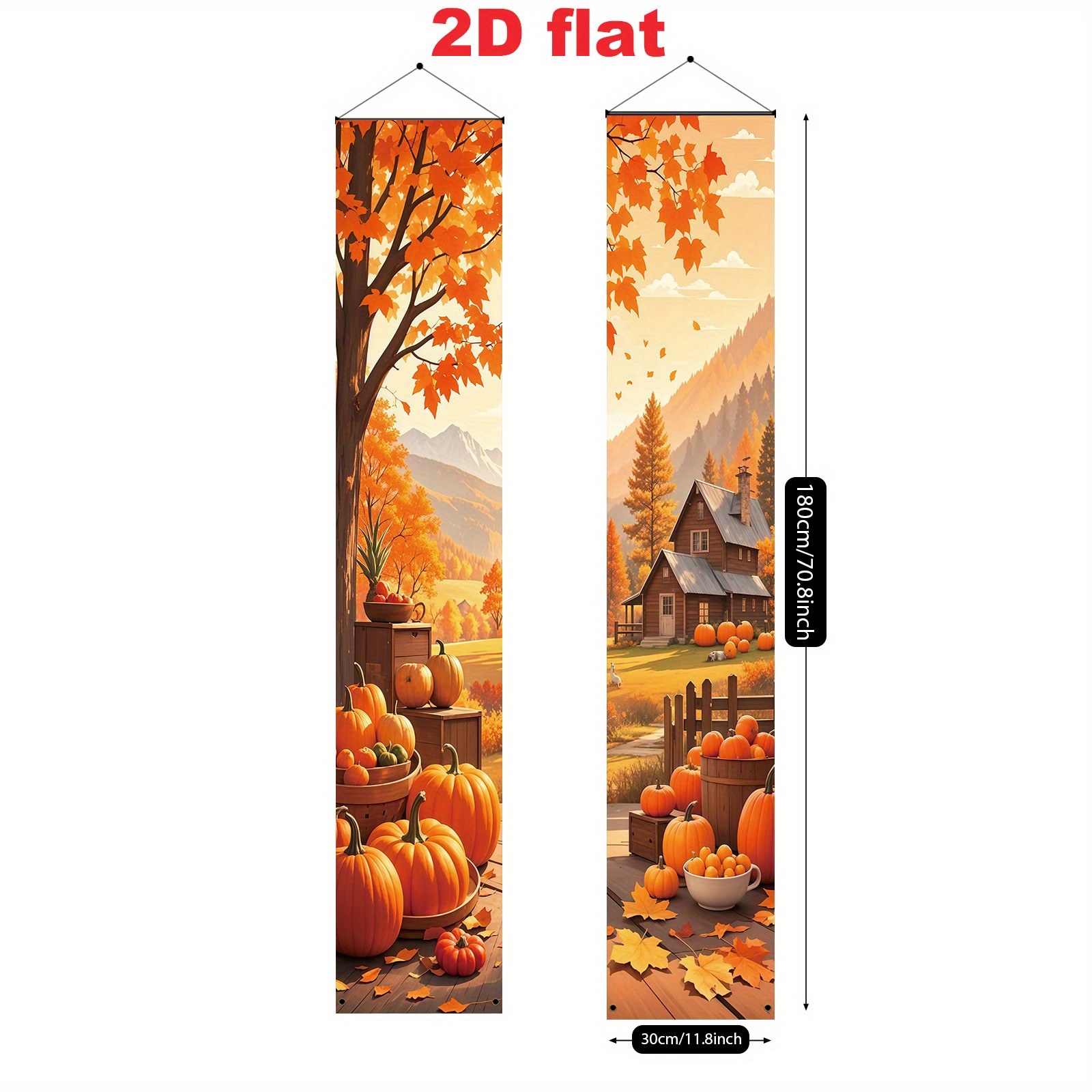2d Porch Banners, A Set Of 2 Thanksgiving Autumn Decoration Banners Featuring , Pumpkins, Pine Trees, Fences, And Fallen Leaves. Each Banner Measures 11.8* Inches (30*180 Cm) And Of Polyester