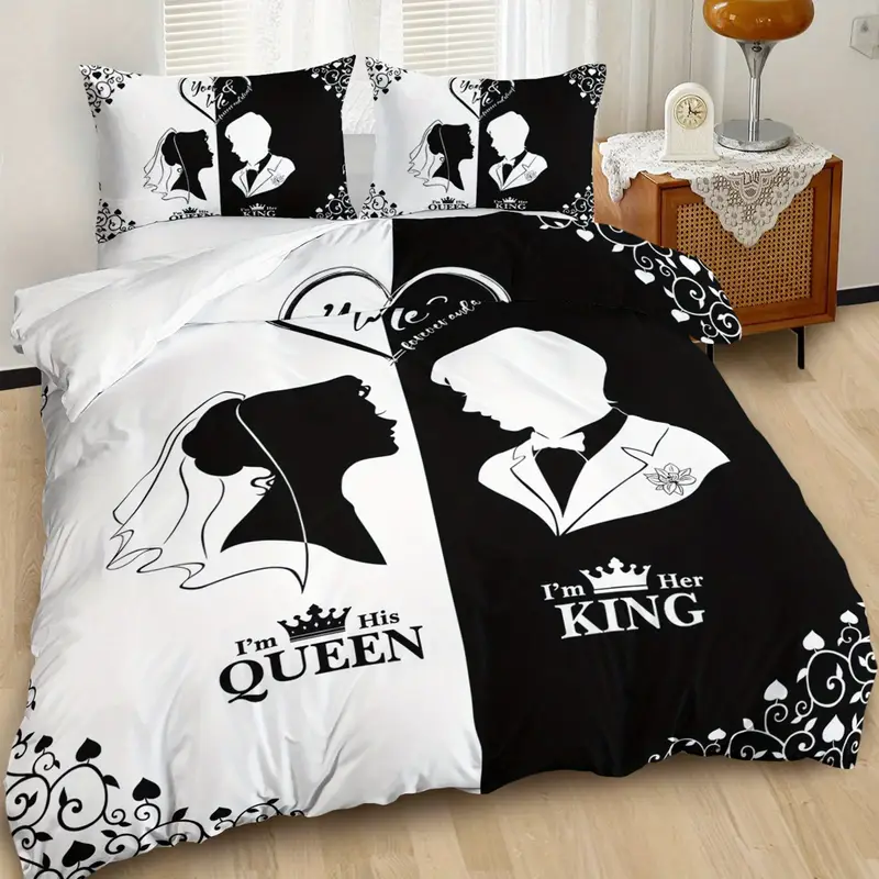 3pcs king queen couple 3 printed duvet cover set wedding bedding set for black and white bedding for bedroom or decor polyester comforter cover gift 1 quilt cover 2 pillowcases Product details 1