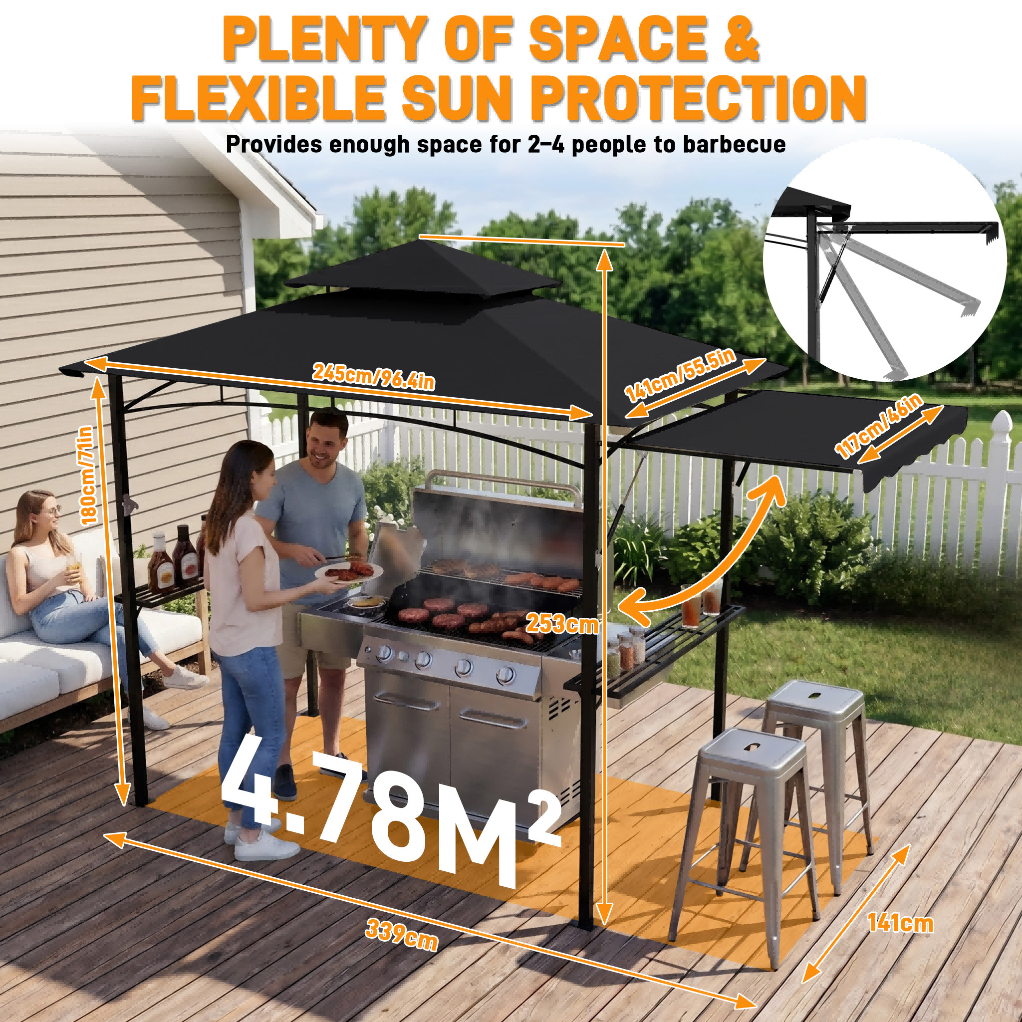 Image of Outdoor Awning Grill Gazebo With Gas Strut Side Awning, Double Roof Bbq , Retractable Canopy With Metal Frame And Hanging Hooks For Family Gatherings