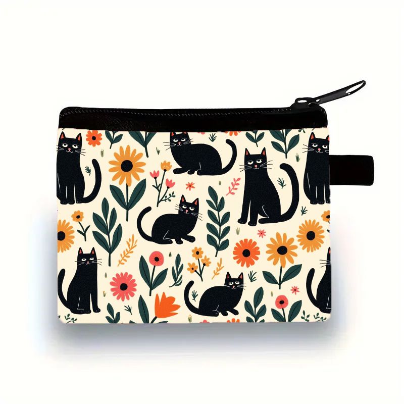 TEMU Pequeño y Compacto para Damas con Estampado de Gato y Flores Vibrantes, Ideal para Guardar Efectivo, Monedas, Llaves, Lápiz Labial, Tarjetas y