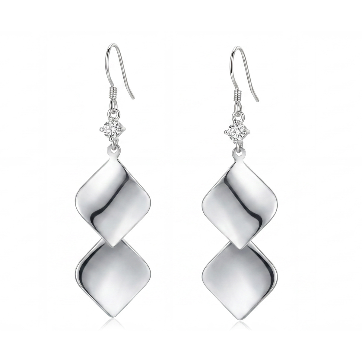 Image of S925 Silver Double-layer Shaped Polished Ear Hook With Tiny Zirconia Accents. Easy And Elegant Casual And Mature Style Long-style Earrings