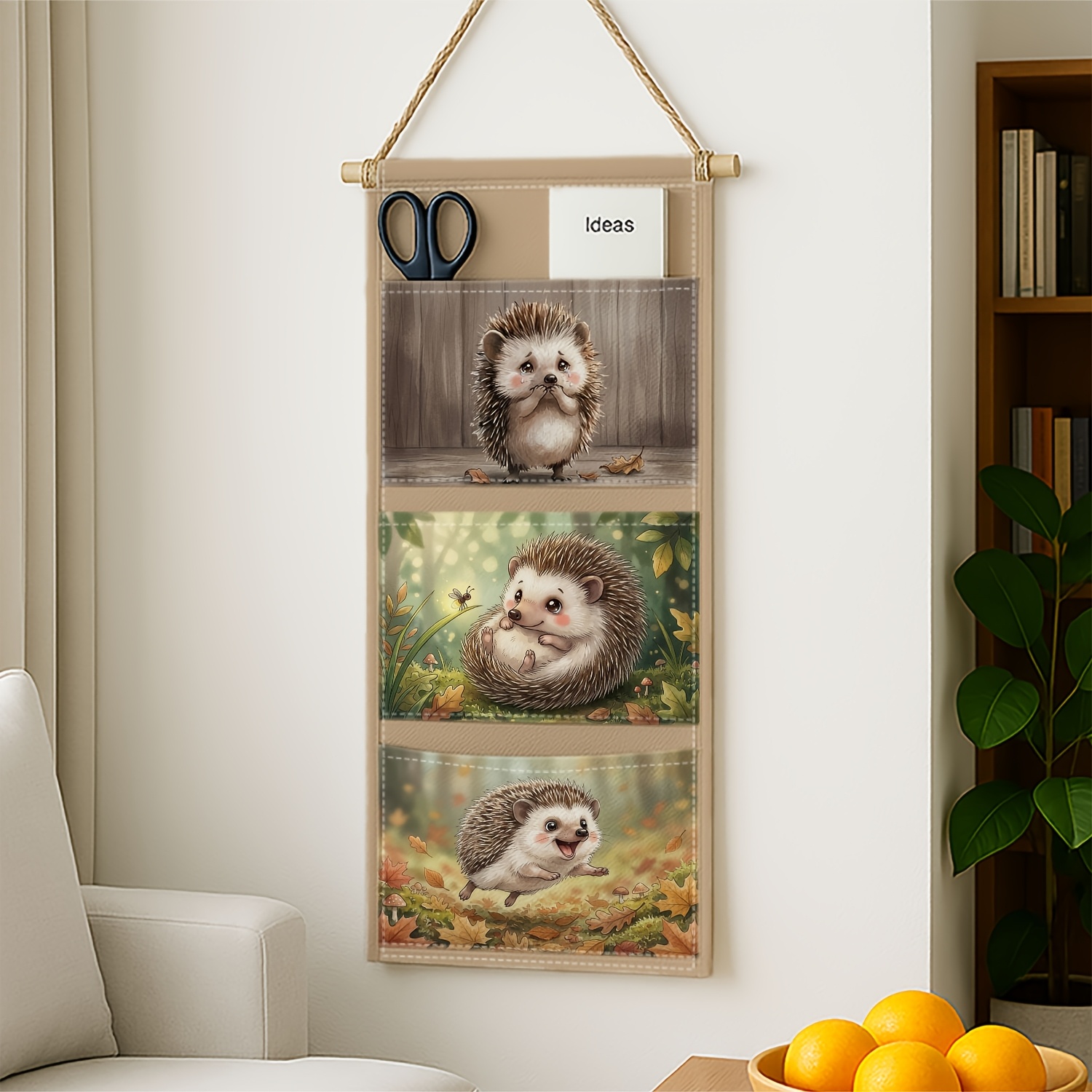 TEMU 2d Printed 1pc Hedgehog-themed Wall-mounted Shelf Organizer With 3 Pockets - Rustic Woodland Storage System Suitable For Clothing, Additions &