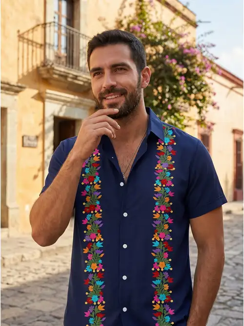 mexican style dress shirts Men's Mexican Embroidered Wedding Shirt JET BLACK 100% Micro Fiber D'Accord 2327