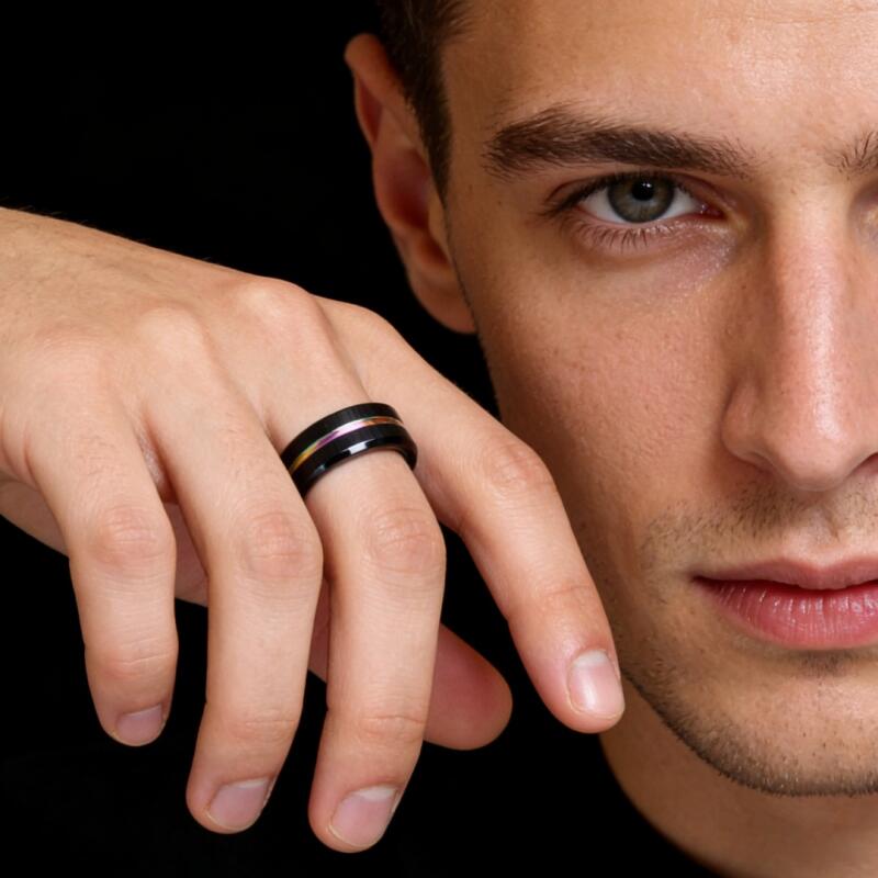 Men's Rainbow Tungsten Ring with Black Brushed Finish