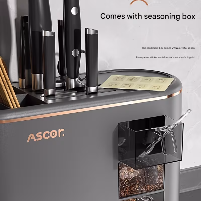 d8 a multifunctional kitchen storage rack holder for knives and kitchen tools with a ventilated back panel for air circulation featuring built in spice boxes and a design Product details 3