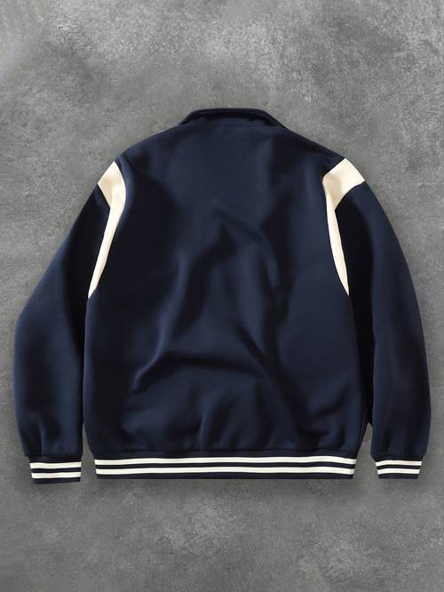 Completo da uomo per pendolari alla moda primavera/autunno, giacca da baseball vintage color-block e pantaloni casual a gamba dritta, set da 2 pezzi, vestibilità regolare, dettagli ricamati, comodo tessuto in poliestere, lavabile in lavatrice e a secco, adatto per feste, uscite e abbigliamento da