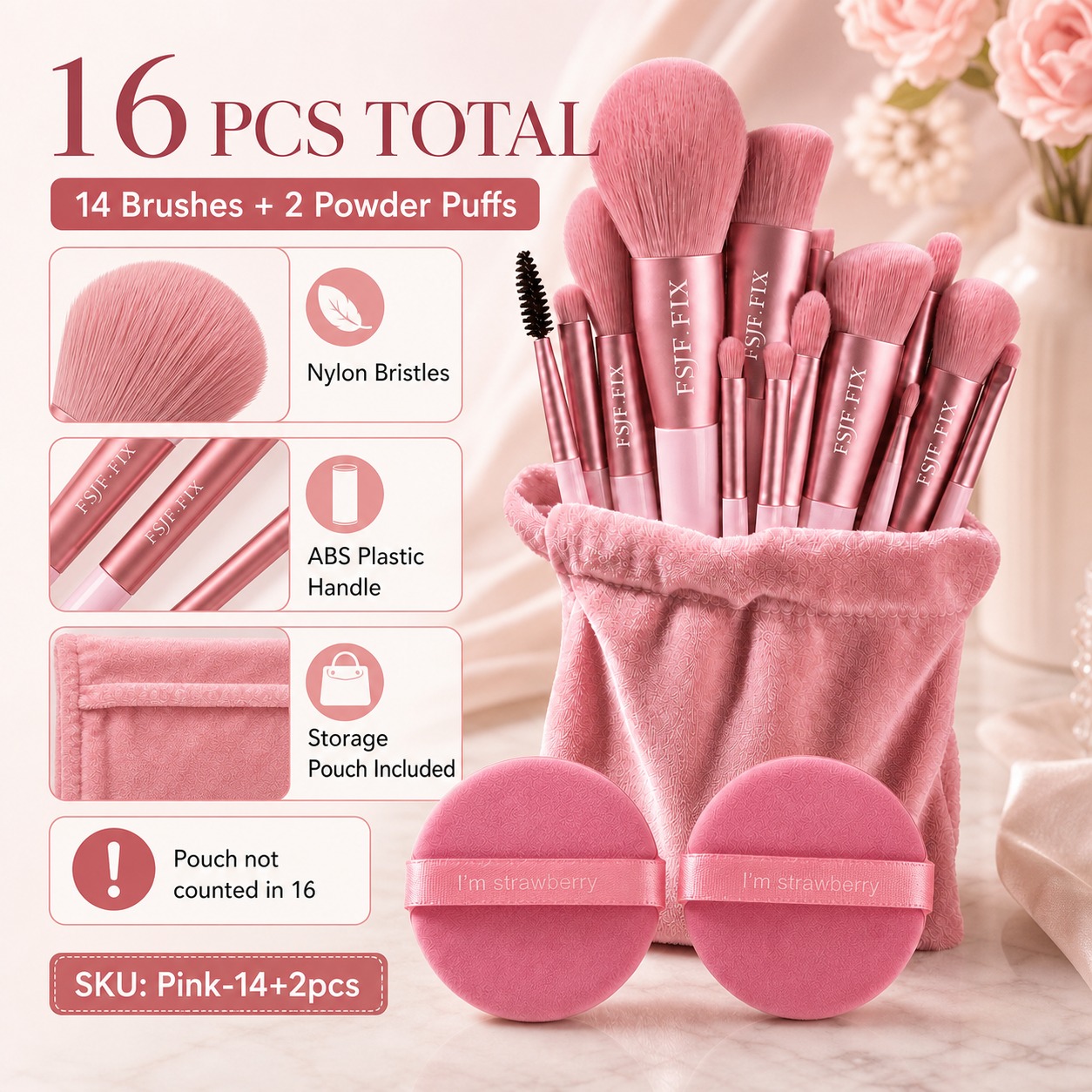 TEMU Kit de brochas de maquillaje profesional FSJF rosa de 16 piezas, 14 brochas cosméticas y 2 borlas de maquillaje con estuche de almacenamiento,