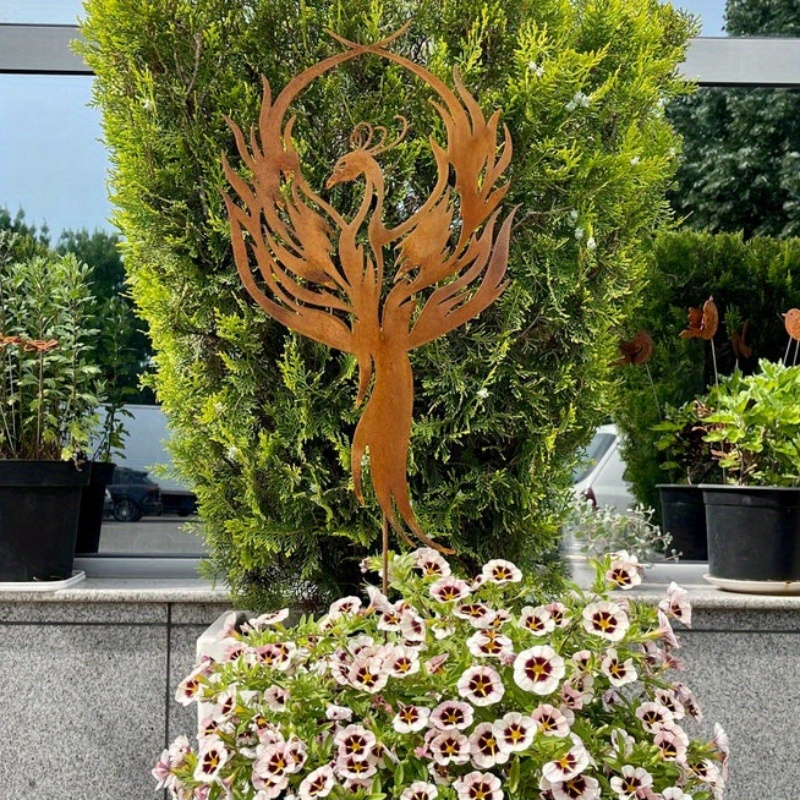 E-shop Rostiger Phönix Metall Gartenständer - Metall Gartenkunst Dekoration für Draußen - Ländliche Metallskulptur für Draußen - Dekoration für den