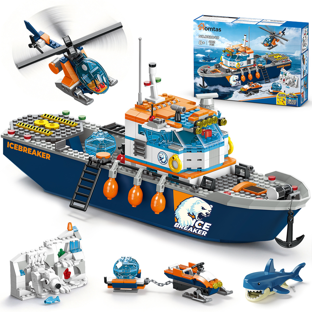 Arctic Icebreaker Ship Building Blocks Set With Boat & Polar Bear, Stem Construction Toy For Kids Boys
