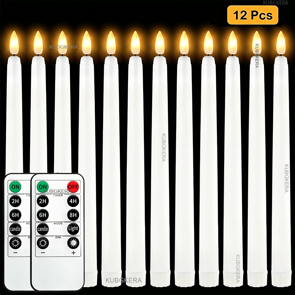 TEMU 12pack Led Flameless Long Pole Taper Candles With Remote, Dimmable Flickering Battery Operated Tall Candlesticks With 3d Flame & Timer, Warm