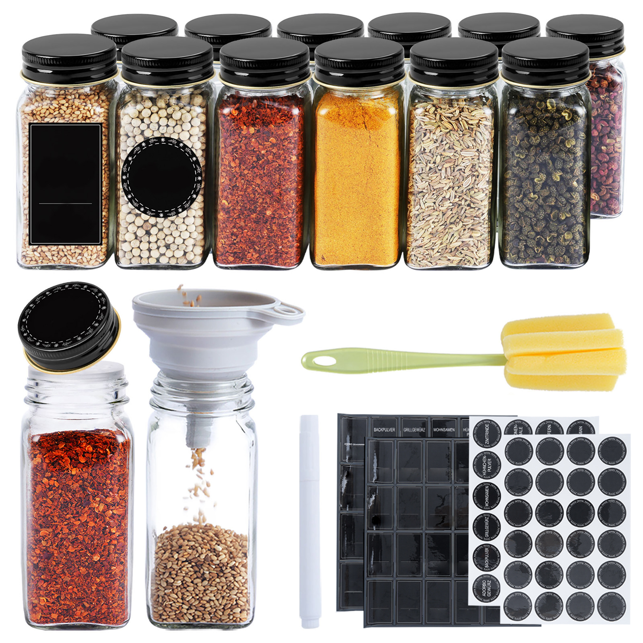 Black Covers Square Spice Jars Set: 12/24pcs, 120ml Capacity - Includes Funnel, Empty Stickers, Cleaning Brush, Sieves