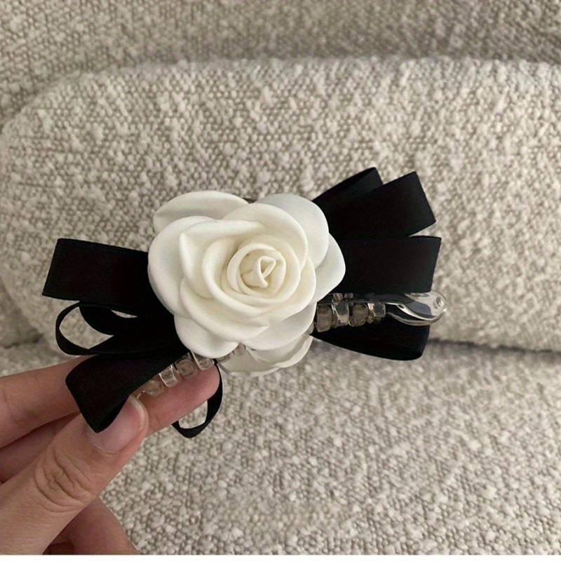 Luxury Camellia Flower Black or White Floral Velvet Hair Clips Black Velvet Camellia Hair Clip | Pearl Flower Barrette  main image 3