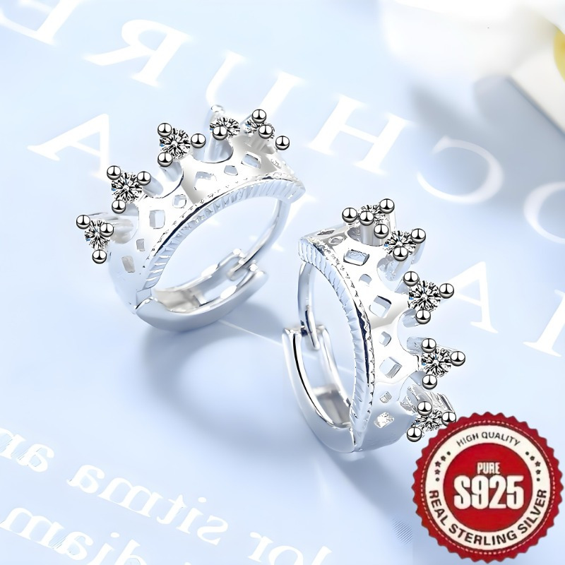 

1 Pair Of S925 Sterling , Retro, Exquisite, Trendy, Luxury, Elegant, Sweet, Shiny, , Inlaid With Synthetic Zirconia, Wavy Crown, Hollow Geometry, High-end Sense Of , Temperament, , Girly Heart, Simple