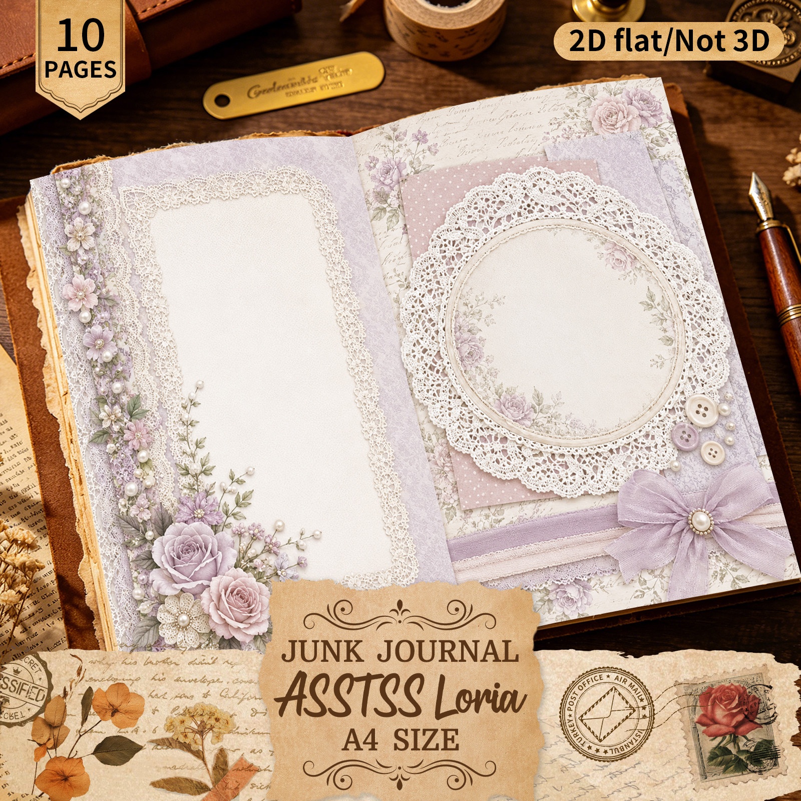 TEMU Asstssloria 10 Sheets A4 2d Flat Purple Flowers And Lace Scrapbooking Paper Set, Handcrafted Junk Journal And Decorative Craft Paper, Craft