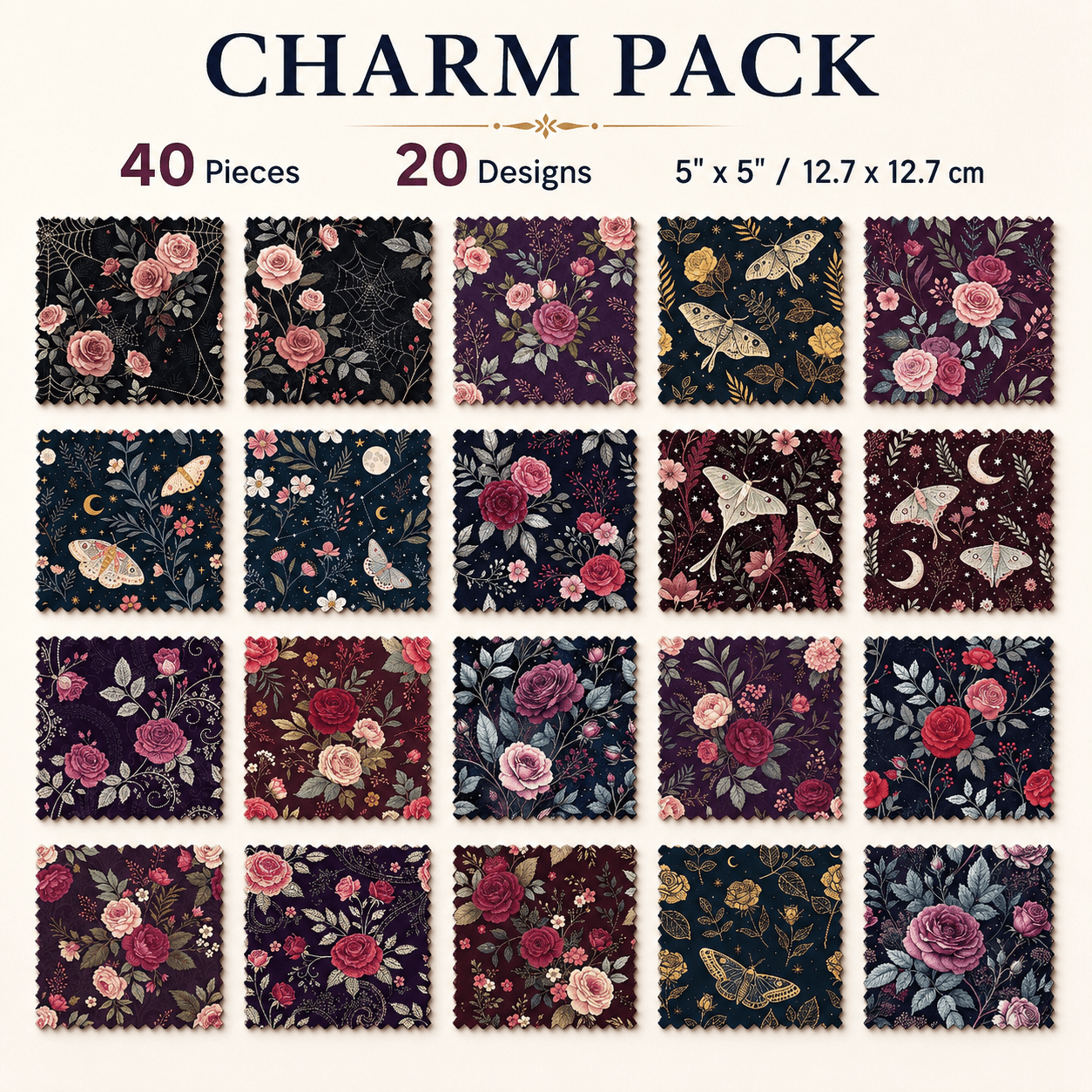TEMU Charm Pack 12.7x12.7 Fabric Squares, 40pcs, 20 Designs In Total (2pcs Per Design). Dark- " Rose Spiderweb" Themed Printed Fabric Set, Featuring