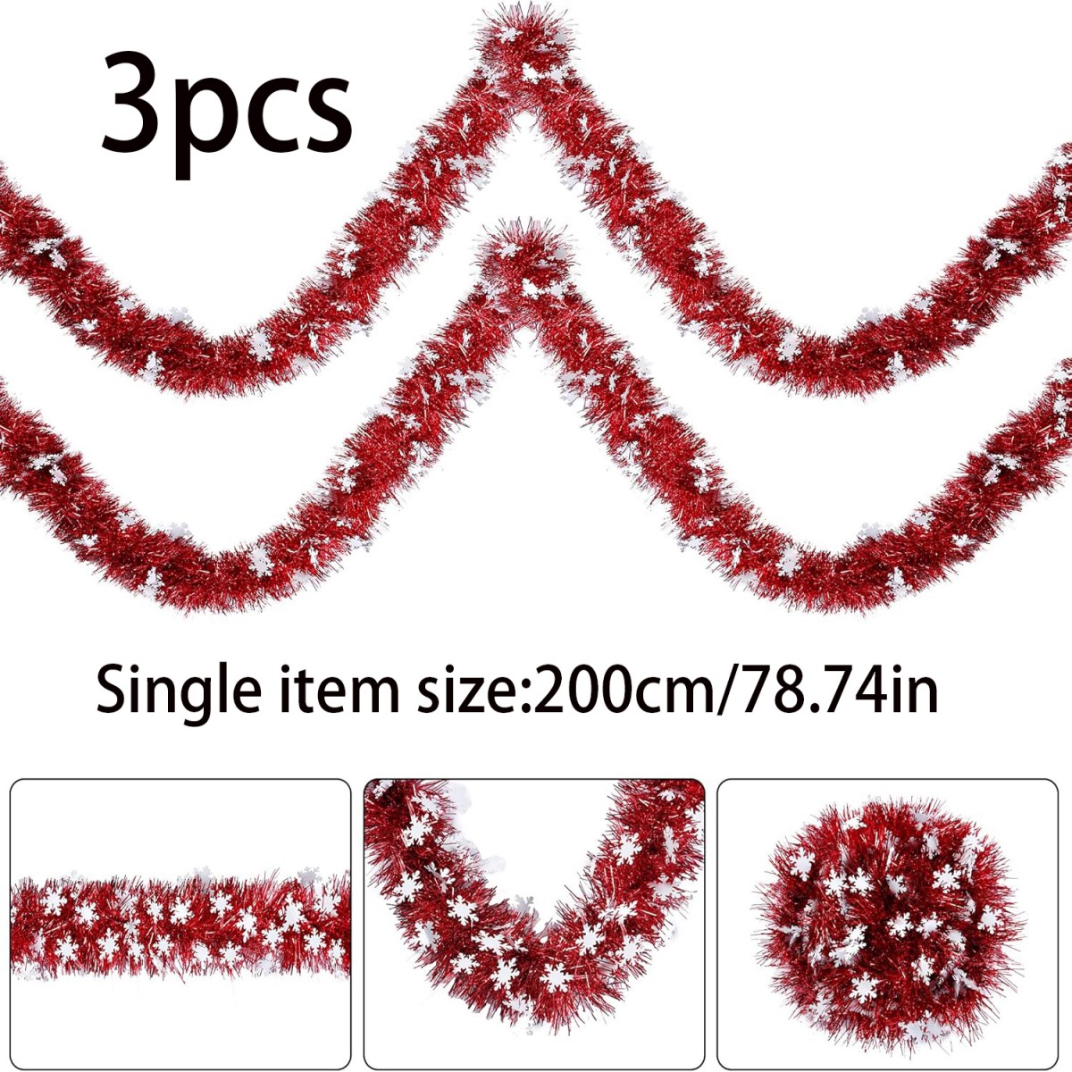 TEMU 3pcs Foil Decorations, Decorative Ribbons With White Snowflakes, Sparkling Christmas Tassels, Suitable For Christmas Trees, Wall Hangings,