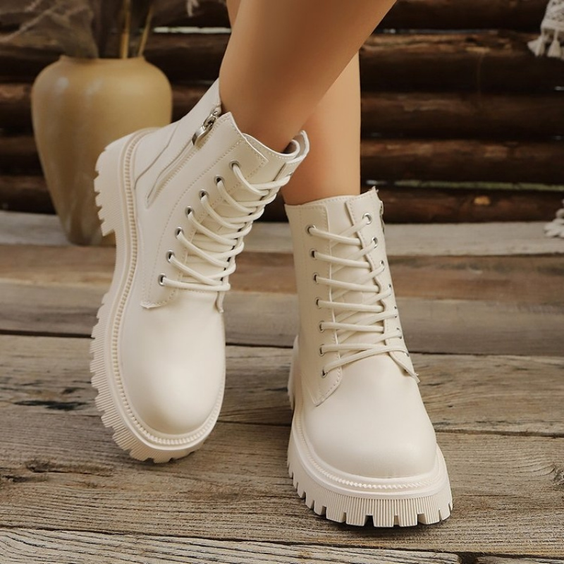 Image of Women' British Style Lace-up & Side-zipper Boots With Thick Platform Heel - Height-enhancing Round Toe Short Boots Suitable For, Casual, Casual Attire - Sole &, Hand Washable, Women Shoes