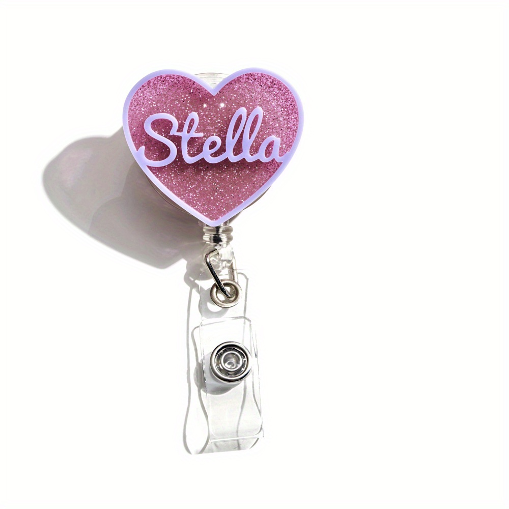 TEMU 2d Personalized Heart-shaped Acrylic Badge Reel, Retractable Id Card Accessory, Custom Glitter Sequin Id Card Holder/medical Work Badge/business