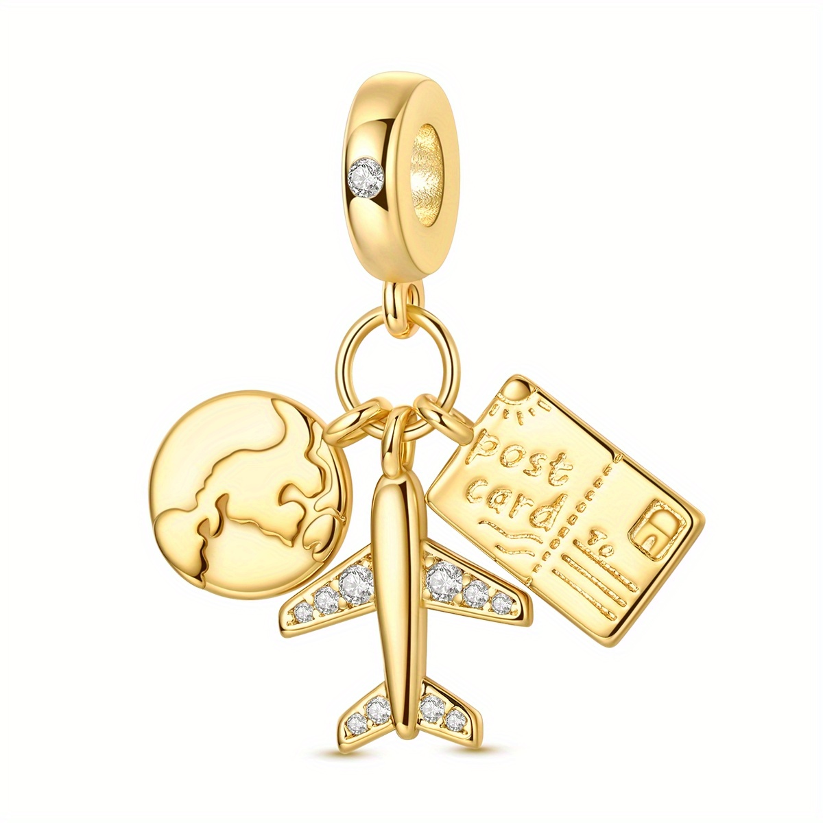 Image of 1pc Silvery-plated Sparkling Cubic Synthetic Cubic Zirconiaia Vintage Golden Earth Airplane Postcard Travel Charm Fit Original Bracelet Necklace Beads For Making Women Girl Gifts