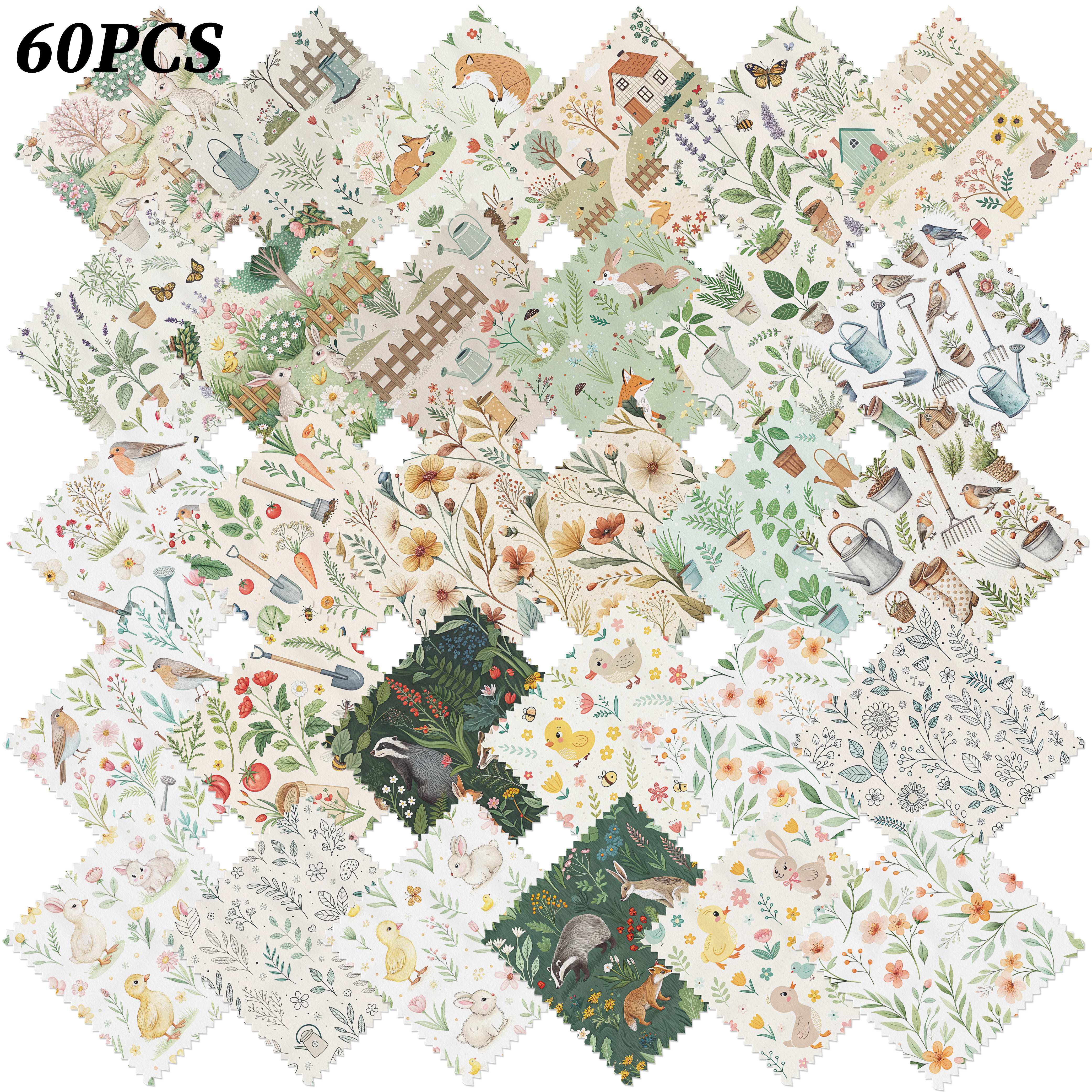 TEMU Tissu prédécoupé 5X5 pouces de la guérison Renard Lapin Jardinage Animal, 60 pièces, 30 coordonnés, pack , tissu à coudre, pour doublure de