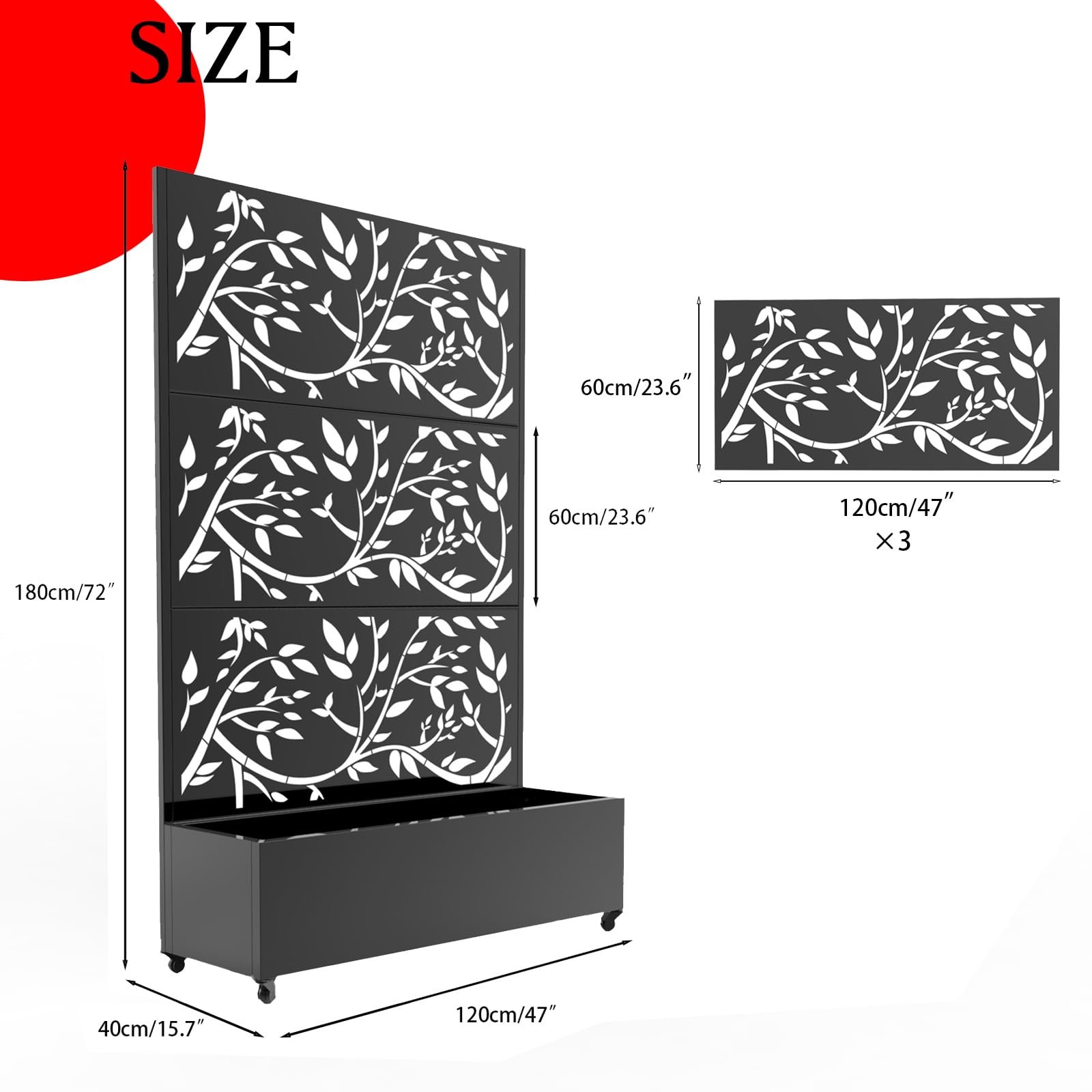 Image of Outdoor Metal Privacy Screen With Trellis And Planter Box - 72" " Mobile Raised Garden Bed On Wheels With Drainage, Patio Divider For Climbing Plants And Vegetables, Black Tree Texture