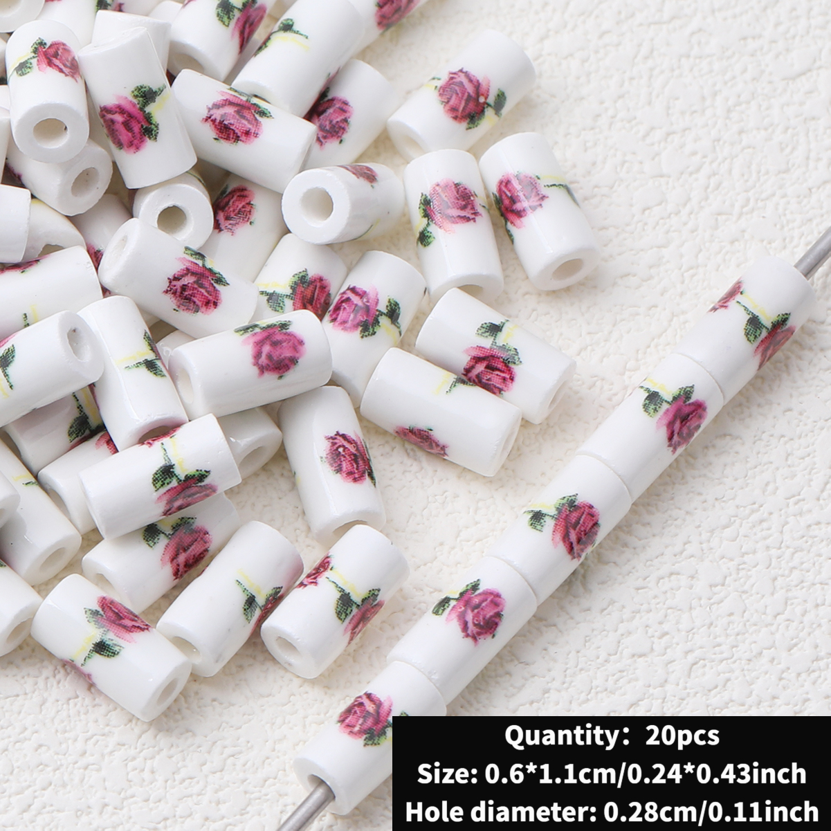 Cute Ceramic Decal Cylindrical Beads, 20pcs Set for DIY