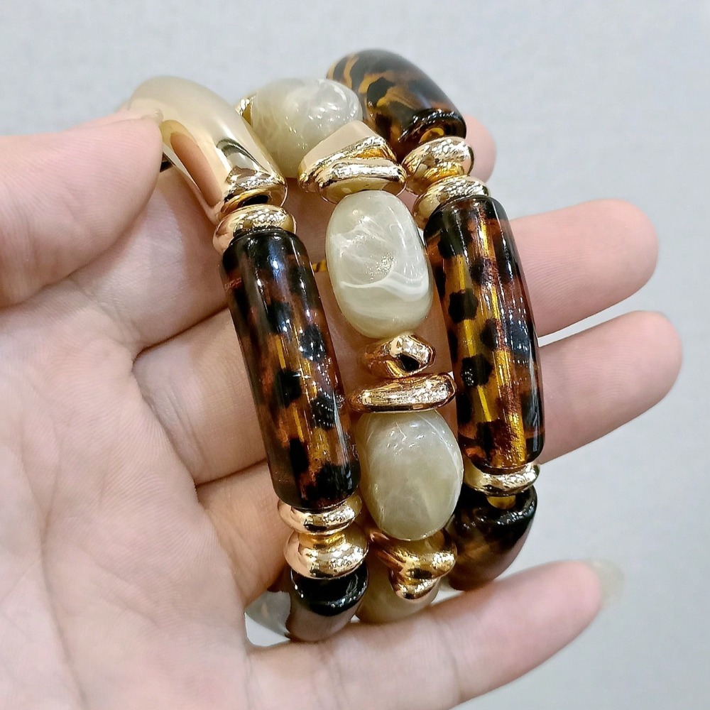 TEMU 3pcs Vintage Leopard Print Stackable Beaded Bracelet Set. Stretch Bracelets With Leopard Print Tube Beads And Cream Marble Imitation Jade, Ideal
