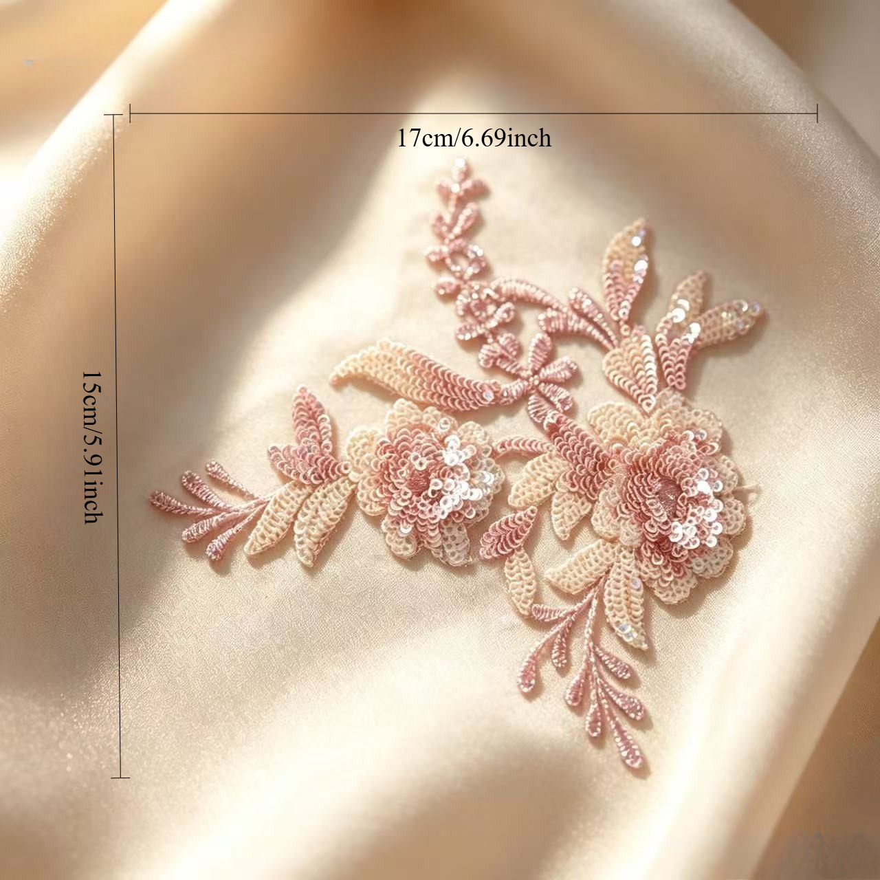 TEMU Pink Sequin Floral Embroidery Applique, 3d Flower Lace Patch, Sew On Fabric Patch For Wedding Dress, Cheongsam, Bridal Gown, Costume Decoration