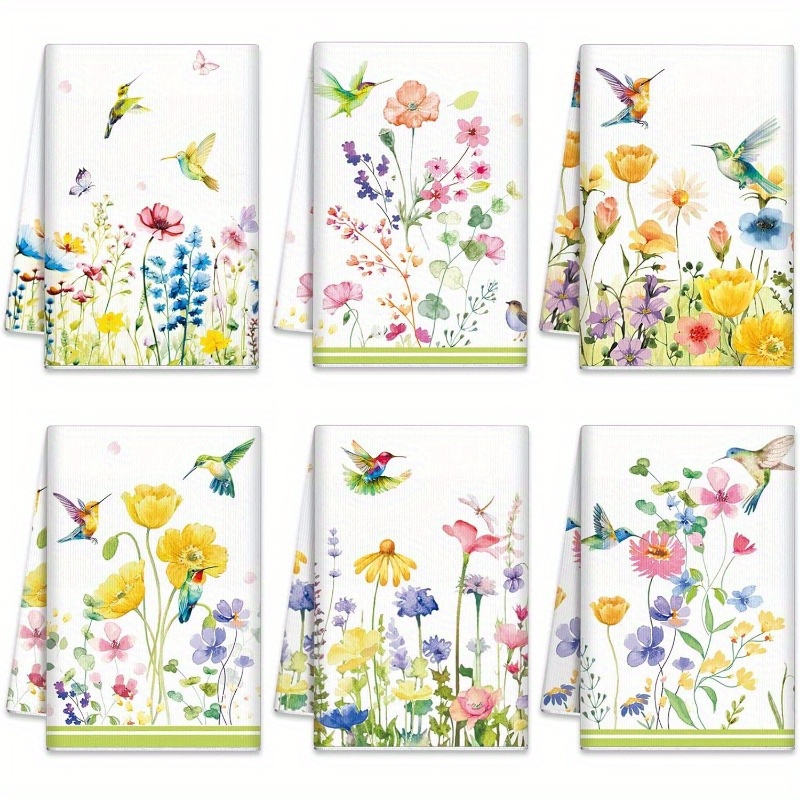 

6-pack 18x26inch Soft Polyester Kitchen Towels, Floral Wildflowers & Hummingbirds Design, Modern Rectangular Dishcloths For Decor, Machine Washable, Ideal For Bird Lovers & Supplies