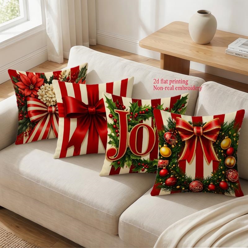 TEMU 2d Flat, 4pcs, Christmas Red Striped Bow Holly Printed Pillowcases, Festive Retro Style Home Decor Cushion Covers, Gift For Family, , Zipper