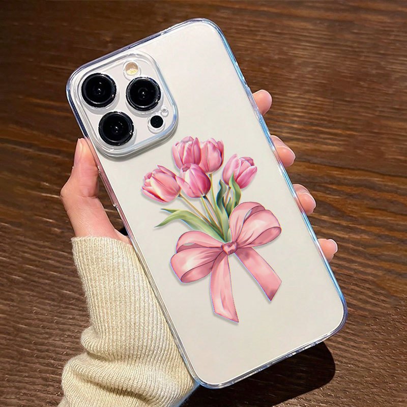 TEMU Phone Case - The Product Is A 2d Image, Not A 3d Image. Transparent Case With Pink Bow Pattern Tpu Anti-drop Full Coverage Precise Protection