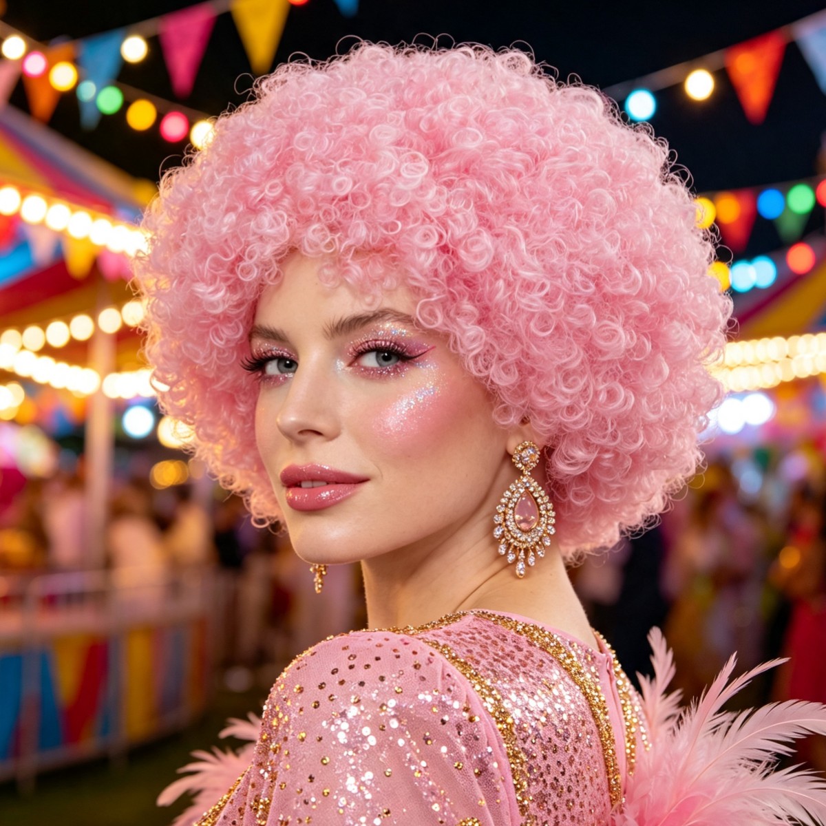 TEMU Women' Pink Curly Wig, Fluffy Short Synthetic Costume Wig, Large Capacity Small Party Wig, Suitable For Carnival, Halloween, Masquerade, Holiday
