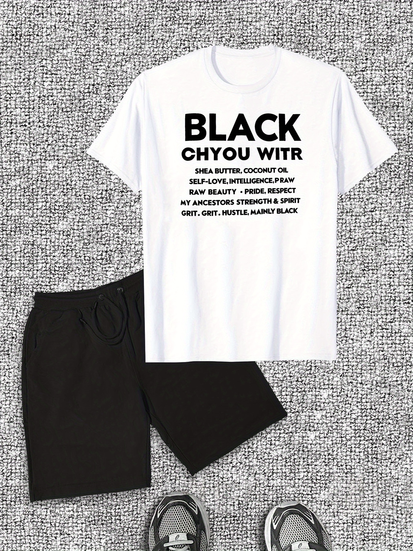 Men'S Casual Cotton T-Shirt & Shorts Set - Bold Black with White Text, Crew Neck, Short Sleeve, Summer Outfit, Cotton Fabric, Casual Style, Casual Summer Outfit|Bold Text Tee|Comfortable Fit, Cotton T Shirt
