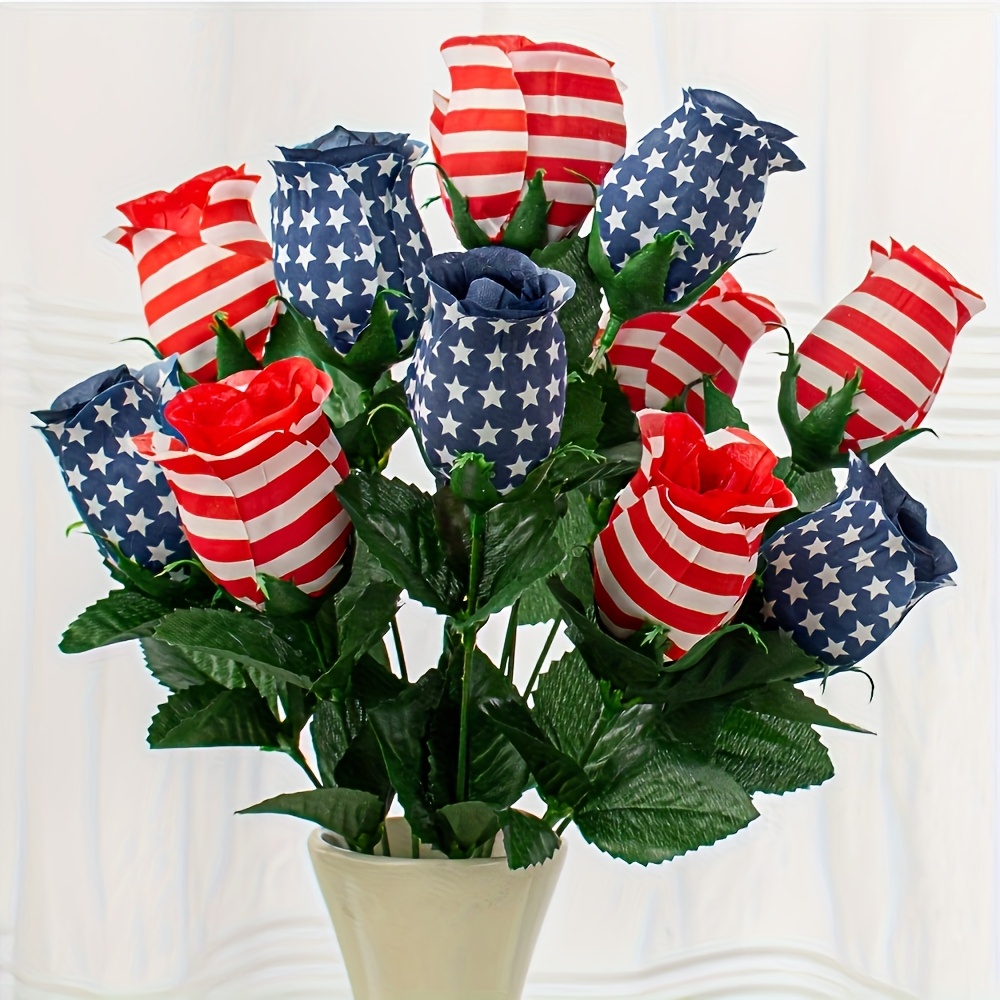TEMU 1 Bundle Of 250th Anniversary Patriotic American Flag Rose Bouquets, Red And White Striped Artificial Green Leaves, Anniversary Party Home