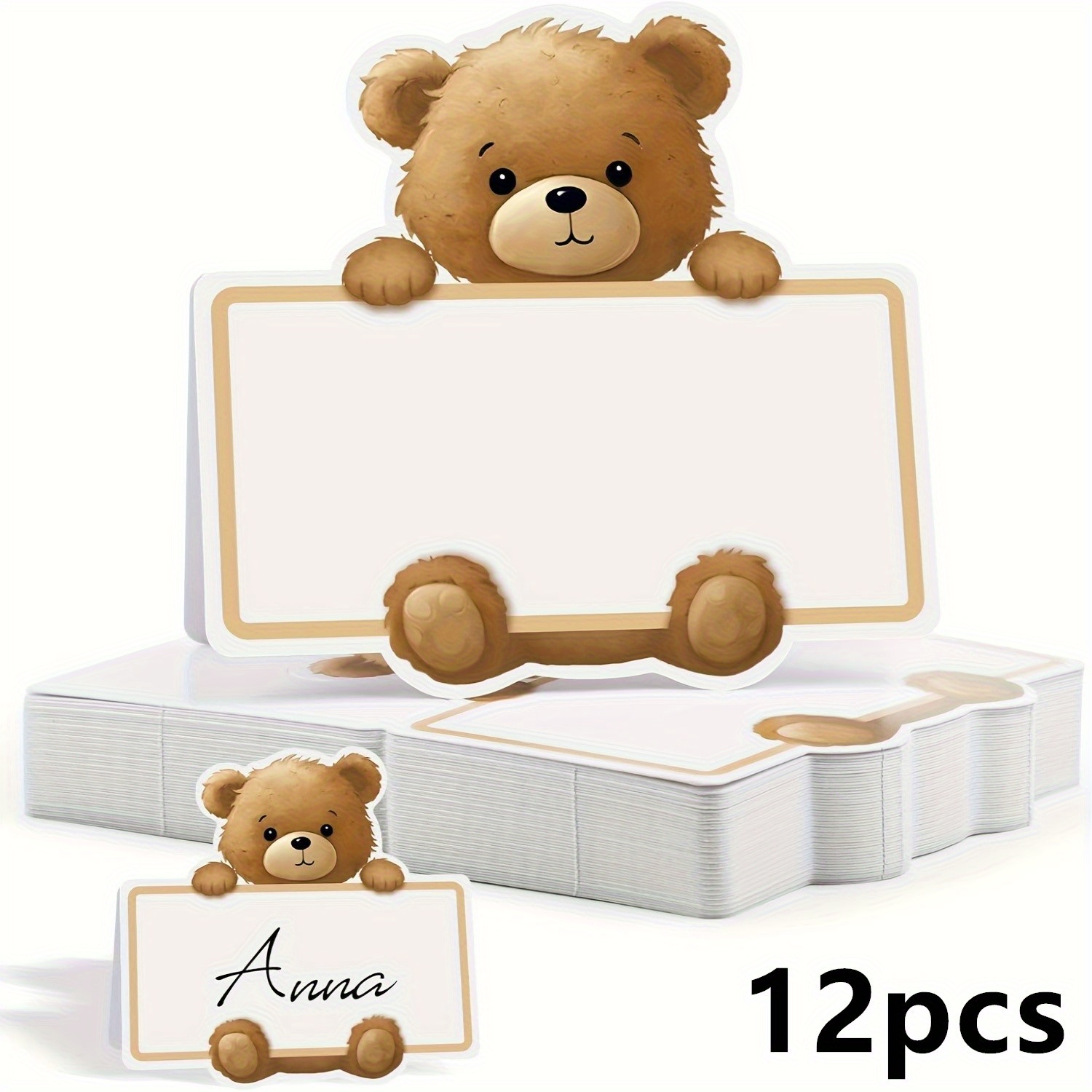 E-shop Set mit 12, bezaubernden Bären-Tischkarten, entzückende Braunbär-Design-Sitzkarten, faltbare leere Namensetiketten, ideal für Gender Reveal,