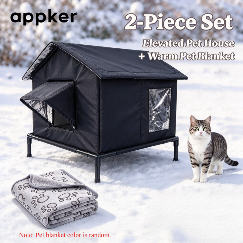item picture 2pcs   large outdoor elevated cat house with soft blanket weatherproof oxford cloth pet shelter suitable for winter thermal draft blocking   assembly style suitable for small dogs cats   cat shelter