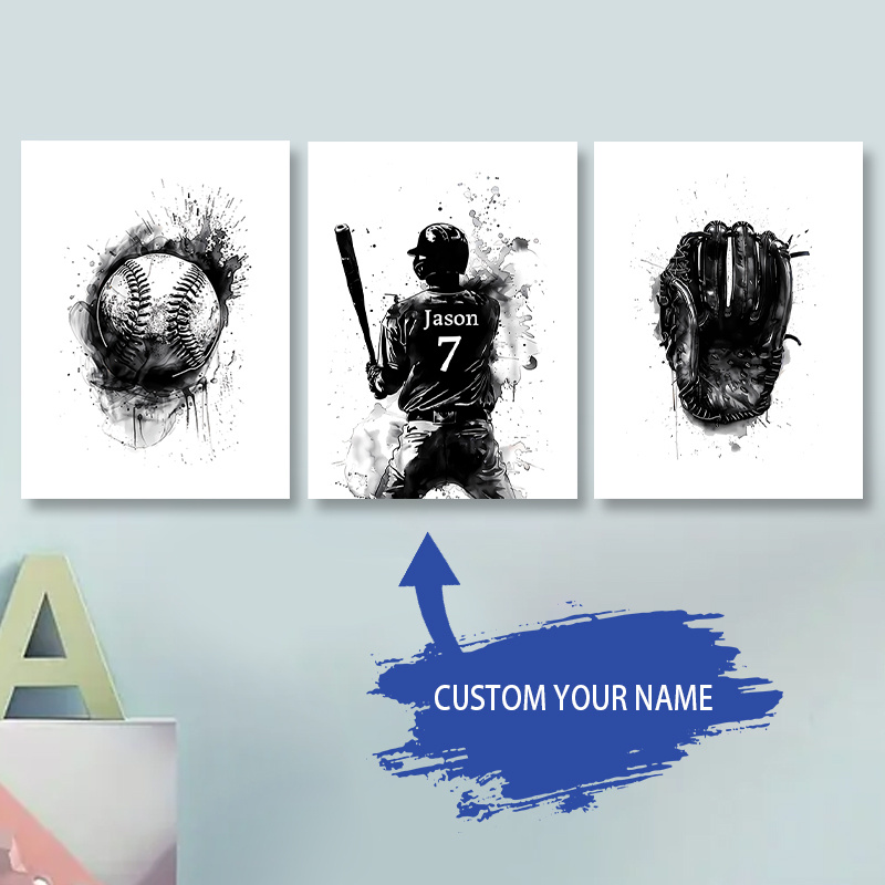 

Personalized Baseball Set - 3pcs Custom Name & Number Canvas Prints, Polyester Monochrome Sports Themed Posters For Nursery, Bedroom & Dining Room Decor - White & Mixed Color