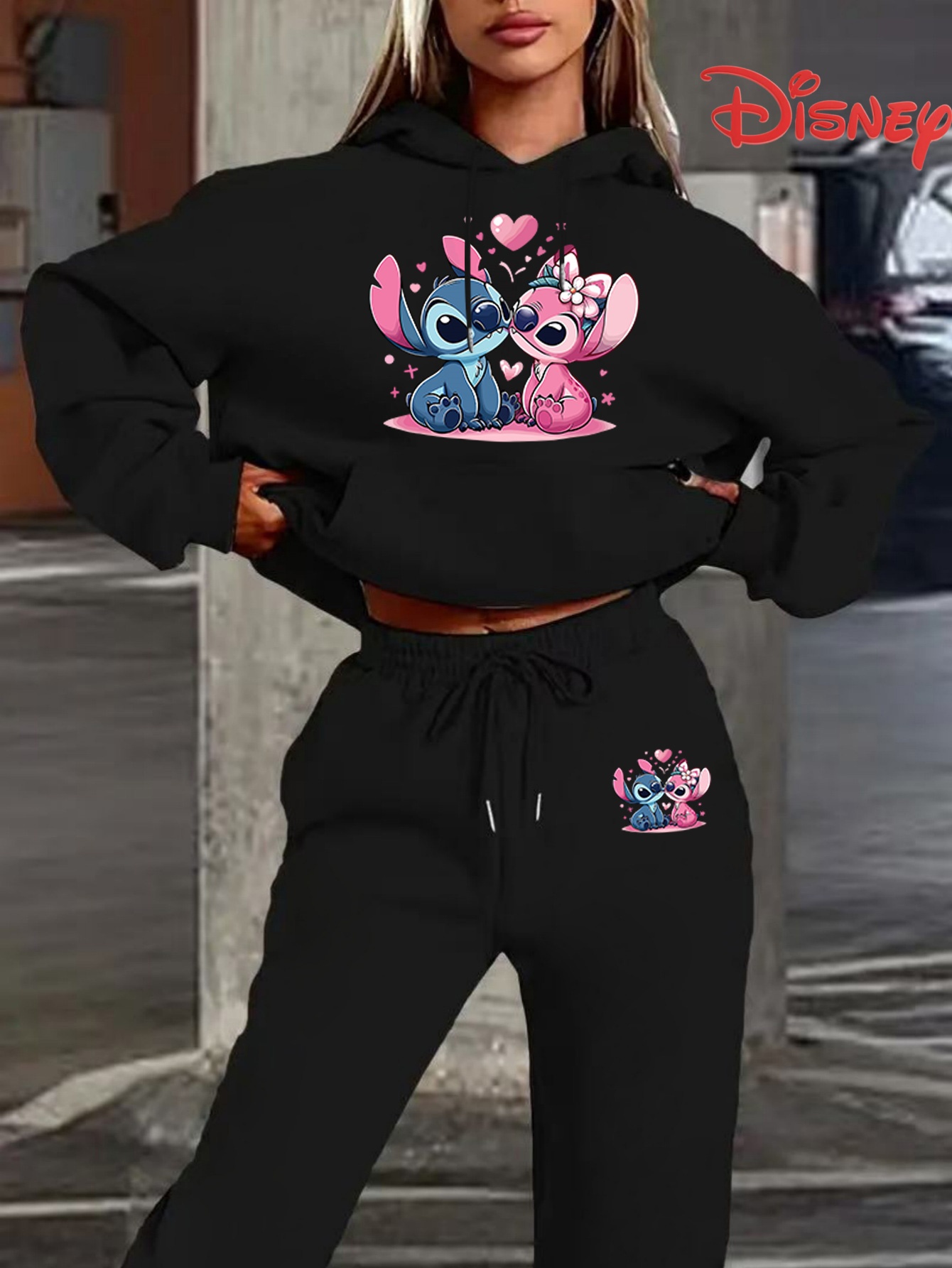 Women'S Cozy Fleece Hoodie & Sweatpants Set - Adorable Cartoon Bear & Heart Print, Black, Long Sleeve, Drawstring Hood, Comfortable Fit for Fall/Winter, Casual Wear|Playful Print|Fleece Lined Clothing