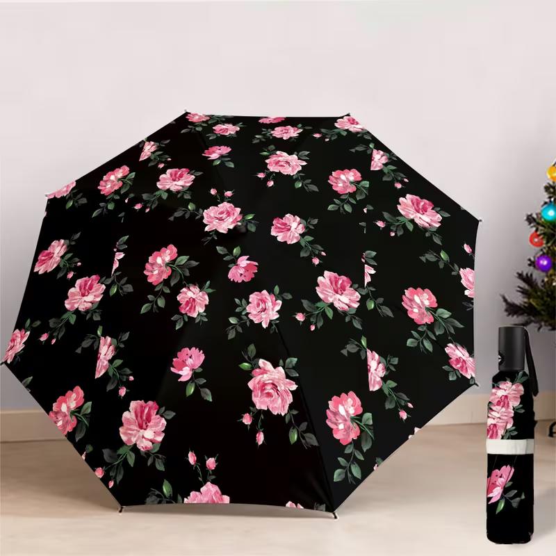 TEMU Automatic Open/close Umbrella With & Sun Shield - Pink Rose Canopy, 8-rib Sturdy Frame, Portable Folding Umbrella Suitable For, For Use,