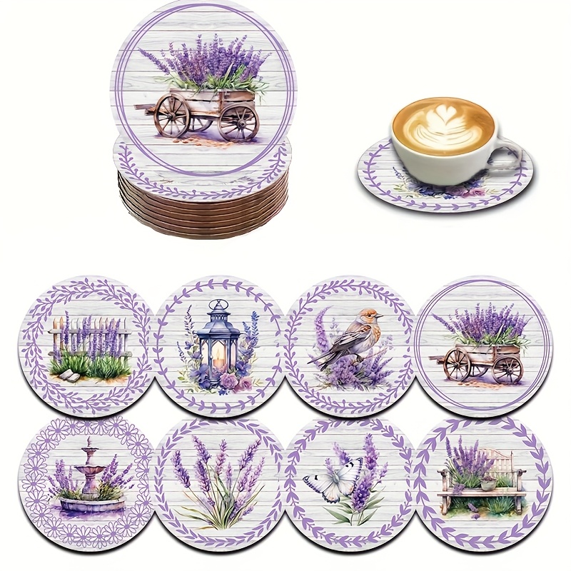 TEMU 8pcs Wood Coaster Set With Lavender & -me-not - Non-slip Wood Drink Coasters Suitable For Home, Office, Car, Table Protectors, Housewarming