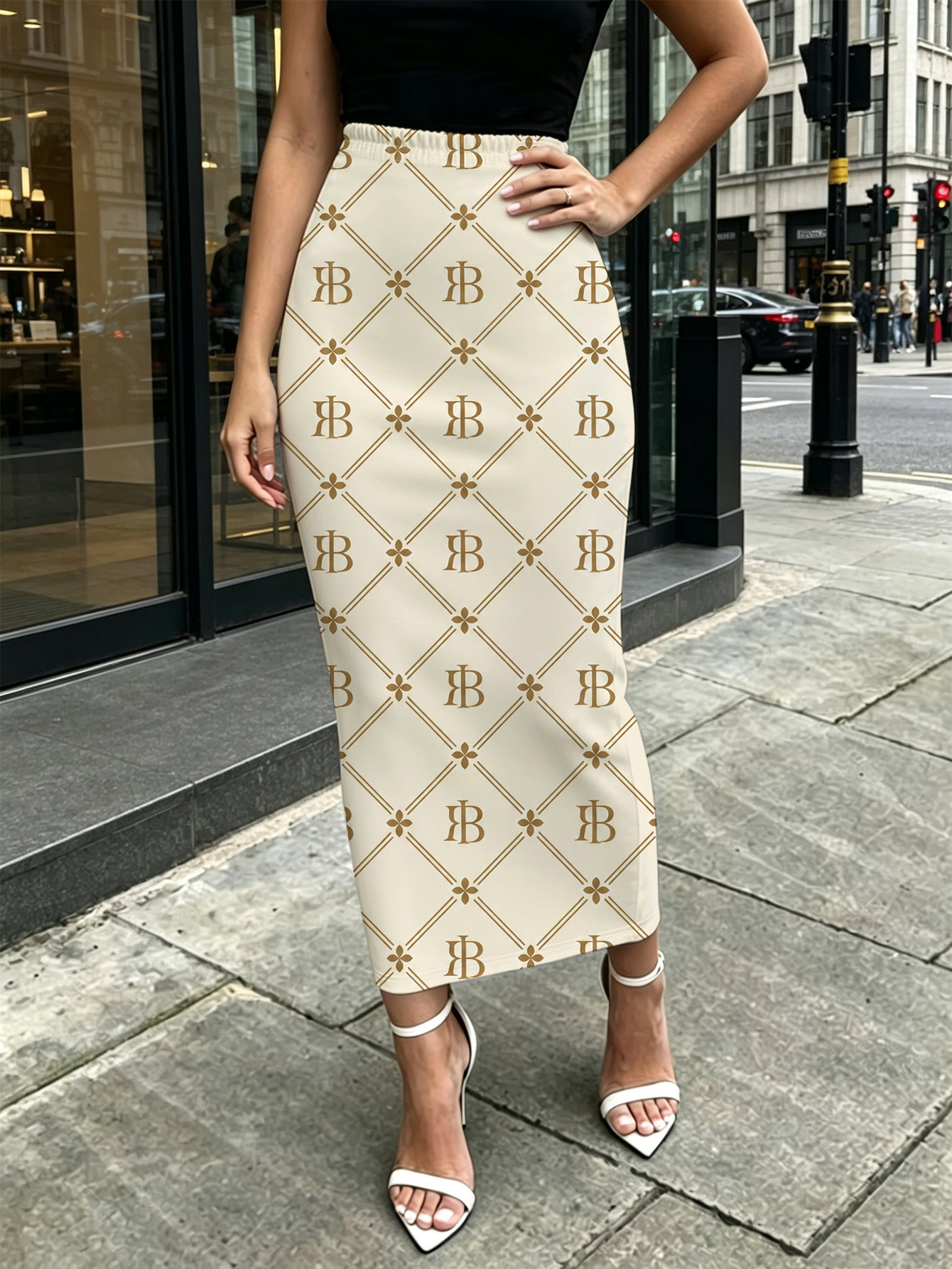Saia Feminina Vintage de Luxo com Estampa de Monograma, Justa e Aveludada ao Quadril 2