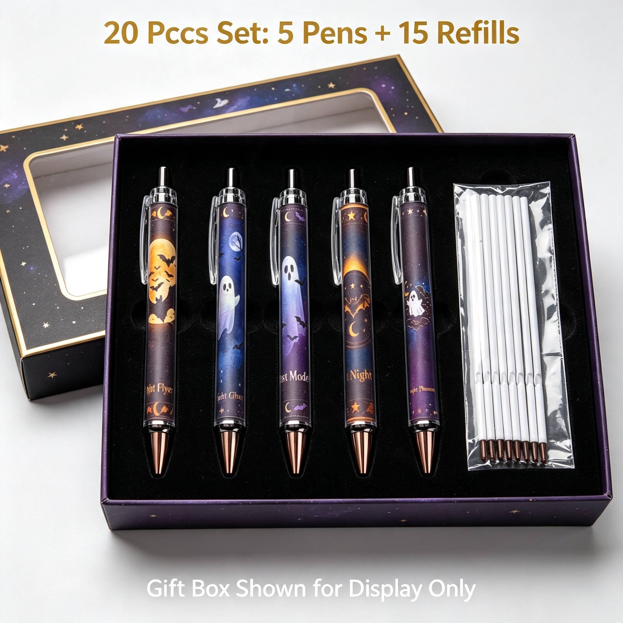 TEMU 20pcs Set(5 Retractable Gel Pens+ 15 Replacement Refills) With Halloween, Night Moon, And Bat Patterns Perfectly Integrated Pen Body, 0.55 Black