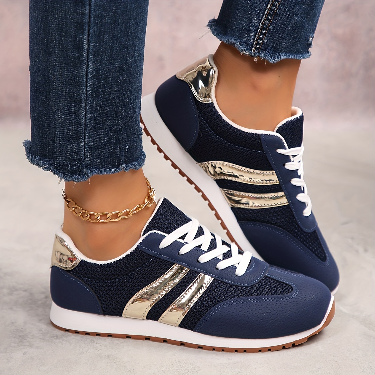 TEMU 2026 Spring/summer Plus Size Breathable Mesh Shoes, Women's Casual Sneakers, Flat Low Heel Lace-up Couple's Style, Blue , Lightweight Outdoor
