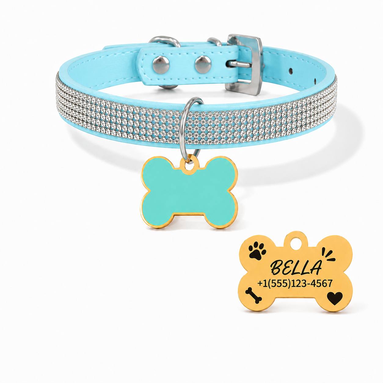 Diamond-Studded Pet Collar with Engravable Bone Dog Tag