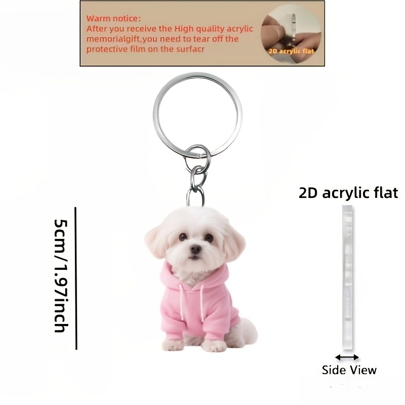 TEMU 2d Flat, 2d Puppy, An Adorable Maltese Dog Wearing A Pink Sweatshirt, Patterned Keychain. A Fun 2d Flat Acrylic Design, A Versatile Keychain