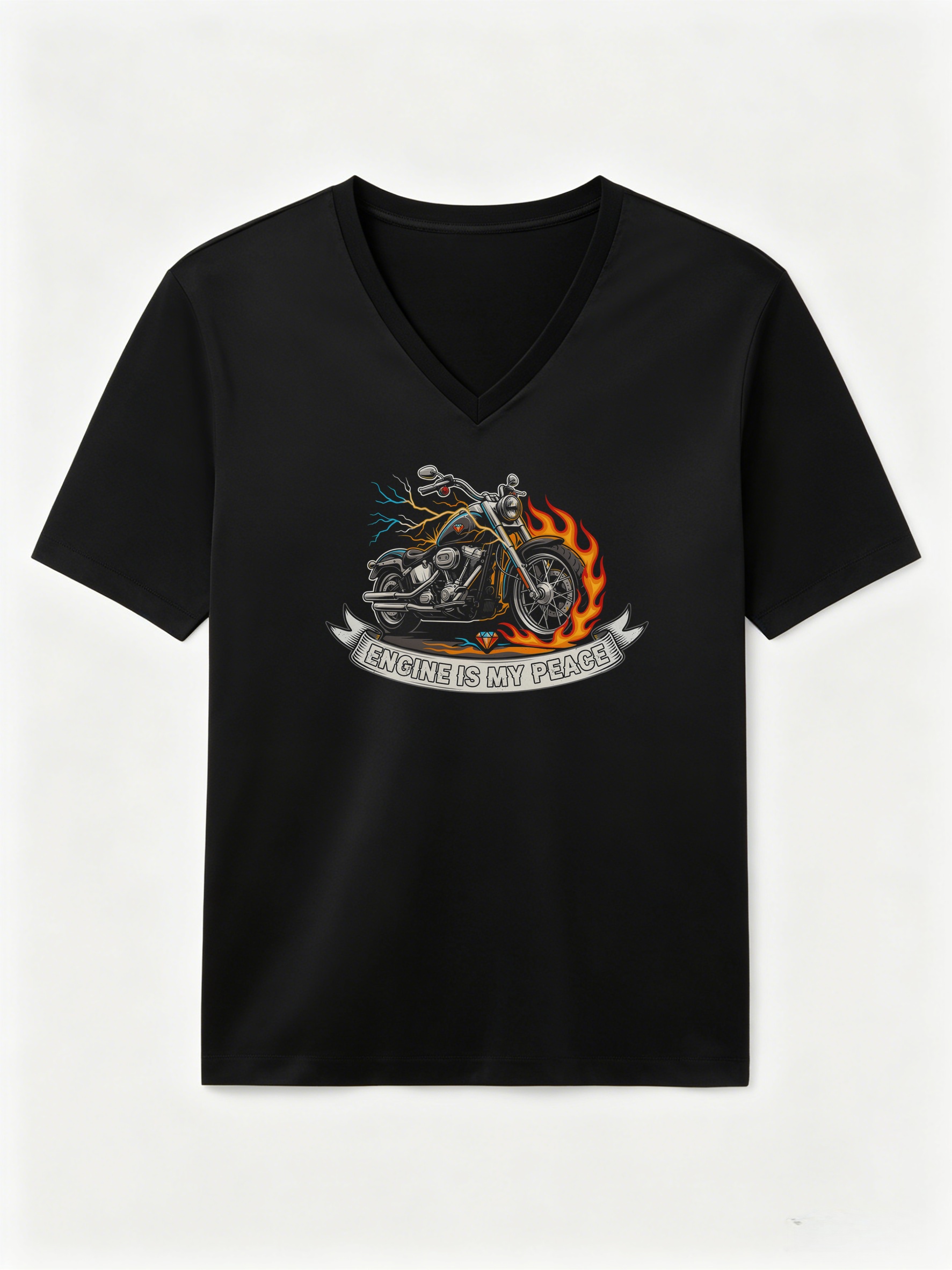 womens v neck short sleeve tee casual print motorcycle with fire flames graphic and decorative lettering breathable everyday   and  
