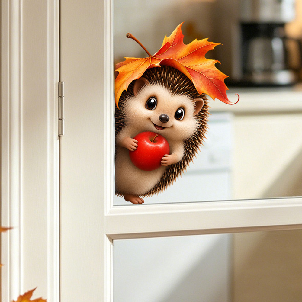 TEMU 1pc Cute Hedgehog And Festive Window Cling, Double-sided Adorable Harvest Hedgehog Peeking Fun Decal, Featuring And Maple Leaf , Static Cling