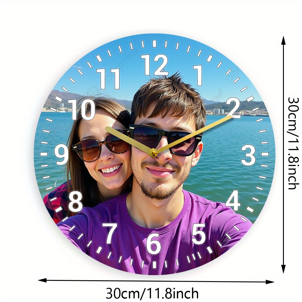 TEMU Custom 1pc 2d Print Personalized Warm Custom Wall Clock, Silent Non-ticking, Round Wooden Frame, Battery Operated - Ideal For Home, Bedroom